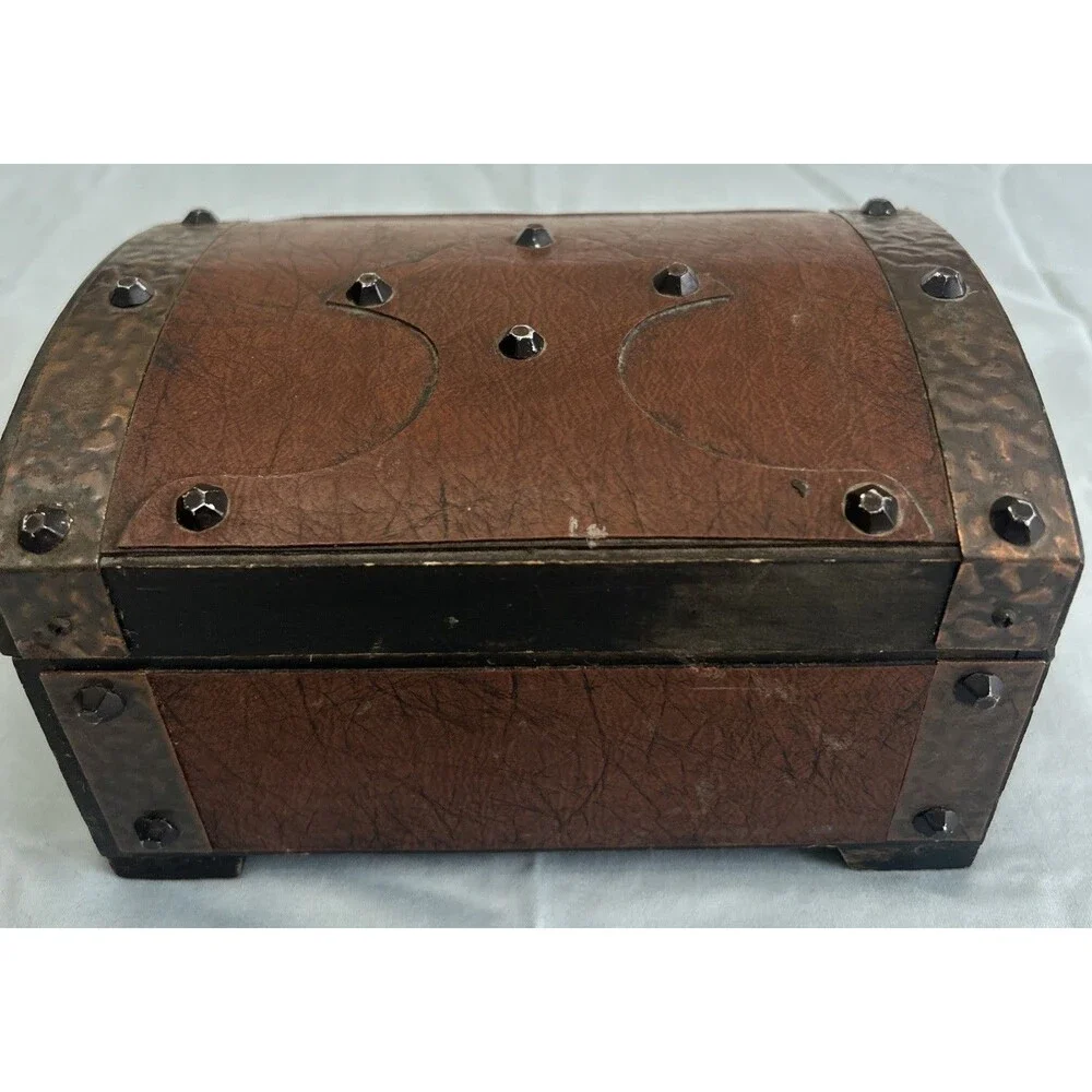 Vintage Wood Leather Metal Pirate Treasure Chest Jewelry Box